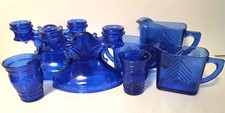 Vtg. Cobalt Blue Glass Lot Hazel-Atlas Chevron,LE Smith candlesticks Ring 7 pc picture