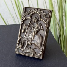 Antique Bronze St George Dragon Plaque Catholic Relief Wall Icon Gothic Decor picture