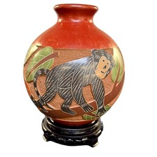 Luis Bracamonte Signed Nicaraguan Art Pottery Monkey Vase Red Clay 6.5