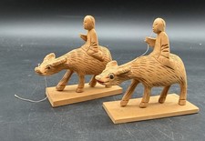 Set of 2 Vintage Wood Wooden Carved Chinese Folk Art Figurines Man on Ox picture