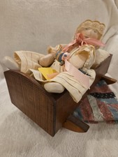 OOAK Primitive Baby Doll Wood Cradle Handmade Quilt Signed Folk Art 1986 picture