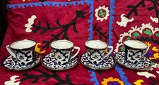 Set of 4 Uzbek Ceramic Cups & Saucers - Blue & White with Golden Rim picture