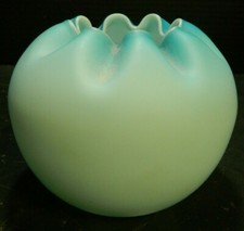 Vintage Fenton Hand Blown Satin White Cased Blue Pinched Rim Vase 4.25