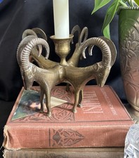 Vintage Brass Ram Candleholder MCM Goat Ibex 5”x6.5” Hollywood Regency Decor picture