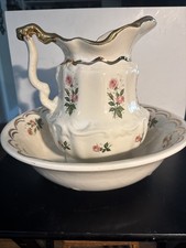 Antique Ornate Porcelain WASH PITCHER & BOWL  Pink Rose/Gold 10