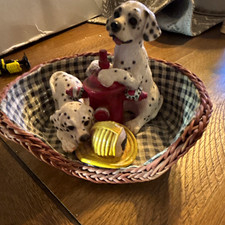 Dalmatian Dog Figurine with Puppies in Basket and Red Fire Hydrant Scene picture
