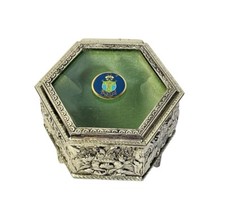 Vintage 3 Footed Silvertone Hexagon Trinket Box w Green Lining picture