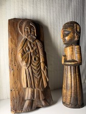 RARE VTG. JESUS & Monk Rustic Hand Carved Statues VTG. Unique Natural Patina picture