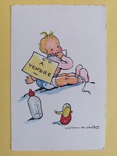Old postcard illustration signed LILIANE de CHRISTEN baby for sale bottle picture
