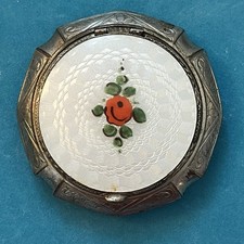 Vintage 1930s Powder/Mirror Compact White Enamel With Red Rose Silver tone READ picture