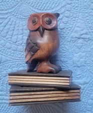 Vintage Hand Carved Wooden Owl Statue Bookend Figurine on Book Stack 7