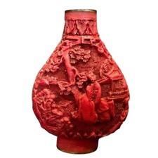 Antique Chinese Cinnabar Red Carved Lacquer Snuff Bottle Figures Landscape 3in picture
