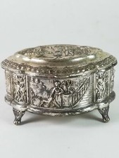 Victorian Party Scene Jewelry Trinket Box Storage Silverplate Footed picture