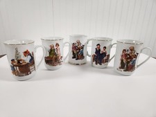 Set Of 5 Vintage 1982, 1986 Norman Rockwell Museum Coffee Mugs Cups W/ Gold Trim picture