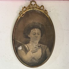 RARE Antique c1900 Woman With Handgun Revolver Photo Edwardian Gilt Oval Frame picture