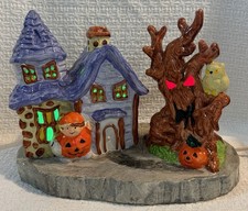 Vintage Illuminated Porcelain Halloween Haunted House Village Scene 2 Lights picture