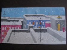 1958 vintage greeting card CHRISTMAS Glittered Snow-Covered Rooftops & Antennas picture