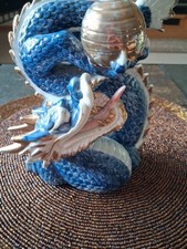 Vintage Yoshimi K Iridescent blue & Gold Eastern Dragon  Porcelain Figurine picture