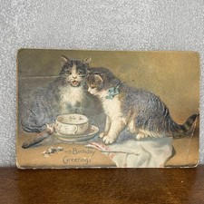 Tucks vintage Embossed Funny Birthday Greetings Postcard Two Cats Cigar Saucer picture