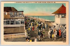 1930-40's COAST GUARD STATION SHOWELL'S BOWLING ALLEYS OCEAN CITY MD POSTCARD picture