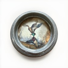 Vintage Fred Sweney Mallard Ducks Miniature Round Metal Frame Wildlife Art 3.25