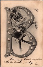 Vintage Ornate Letter B Lilacs Dragonfly Hungarian Postcard Brasso c1900s picture