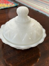 Kemple Milk Glass Covered Candy Nut Dish Raised Lace & Dewdrop Pattern 5.5