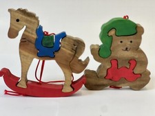 2 VINTAGE WOOD PUZZLE ORNAMENTS ROCKING HORSE & TEDDY BEAR - 1998 picture