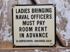 VINTAGE SAILOR PORCELAIN SIGN OLD 1938 HOTEL LADIES NAVY BAR SAN DIEGO BROTHEL picture
