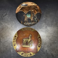 Vintage Peru Copper Wall Plates Set of 2 Embossed Llama Folk Art Decor picture