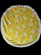 Vintage 1960s Round Yellows/Greens Floral Fringed Terry Cloth Table Cloth 62” picture