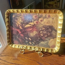 Vintage ITALY Franco Sezzatini Hand-Painted Wood Gilded Tray Tulips Inlay Floral picture