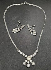 Vintage Rhinestone Necklace Earrings Set Silver Tone Screw Back Bridal Prom picture