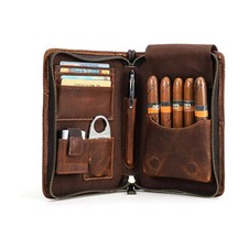 Genuine Leather Passport Cigar Case Travel Humidor Set Cutter Pocket box Brown picture