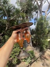 Vintage Brass And Orange Glass Mcm Antique Candle Stick Scones picture