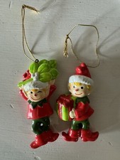 VTG 2 Christmas Elves Elf Painted Ceramic Ornaments Korea EUC 3.5” Red & Green picture