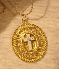 Lovely Swirl Rim Goldtone Blue White Rose Guilloche Cross Oval Pendant Necklace picture