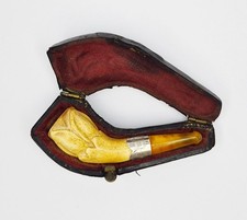 VICTORIAN MEERSCHAUM & SILVER CARVED MINIATURE CASED PIPE Birmingham 1897 picture