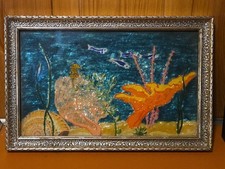 VTG 1956 MCM Ocean Sea Fish Framed Reverse Jewel Painting 7.5x11 Signed GM Ward picture