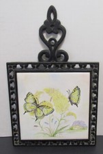 Vintage Ceramic Tile Trivet Cast Iron Handle Butterflies and Yellow Flowers EUC picture