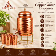 Pure Copper 5 Liter Pitcher/Dispenser/Container/Matka/Tanki & Stand, 4 Tumbler picture