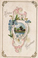 Antique 1910 Easter Greetings Postcard Horseshoe Flowers Embossed Waterloo NY picture