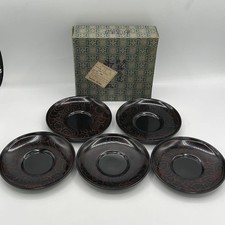 Wajima Lacquer Tea Coaster Peony Inlay Gold 5pc Set Exquisite Authentic picture