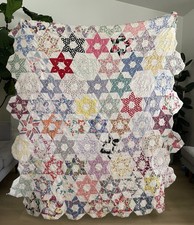 Vintage Hand Tied Star Patchwork Quilt 64x70 Feedsack Style Scalloped Cottage picture