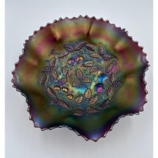Carnival Glass Northwood Three Fruits Medallion Amethyst Footed Bowl picture