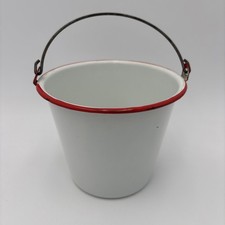 Vintage White Enamelware Berry Bucket With Lid & Bail Handle Red Trim MCM Decor picture