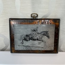 Vintage Metal Print Etch Jumping Horse And Rider Mounted On Wood Art picture