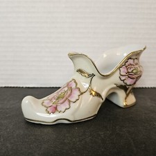 White Porcelain Slipper with Hand Painted Flowers Gold Accent 							 picture