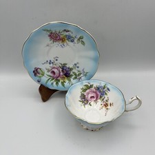 Vtg Queen Anne Cup Saucer Turquoise Blue Floral Cabbage Rose Footed Gold Trim picture
