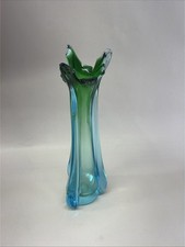 Vintage MCM Aqua Blue Green Swung Glass Vase 3 Finger Stretch MCM 12.5” *READ picture